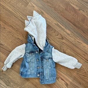 GAP Light Blue Denim Jacket with Gray Hoodie Sleeves